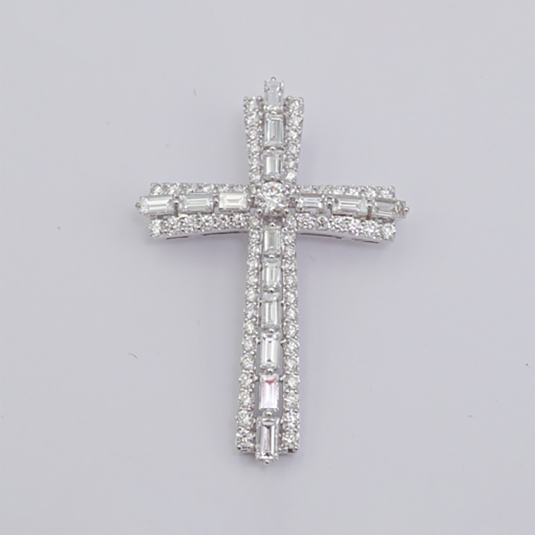 Baguette & Round Diamond Cross Pendant in 18K White Gold