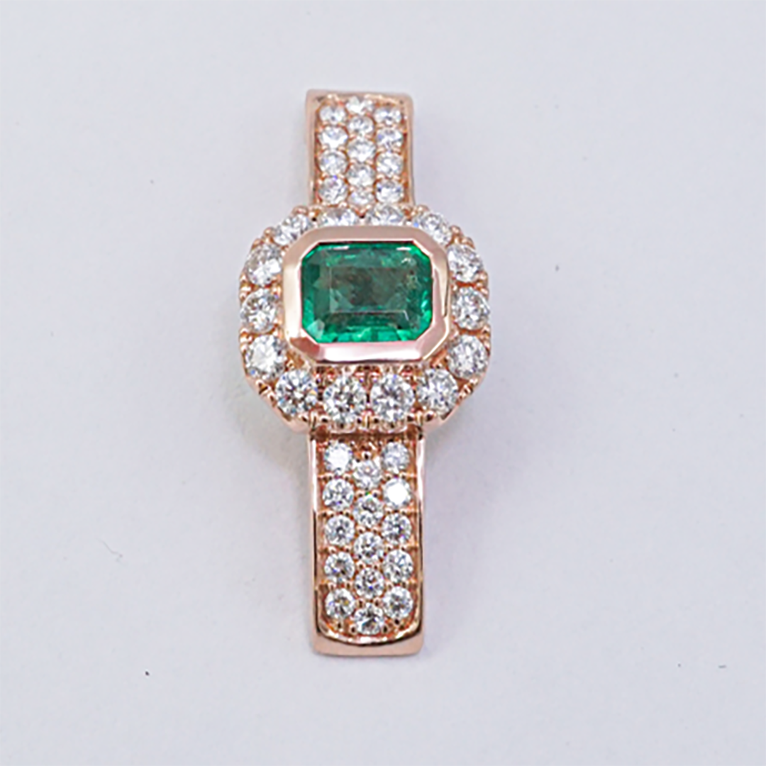 Emerald & Diamond Halo Pendant in 18K Rose Gold