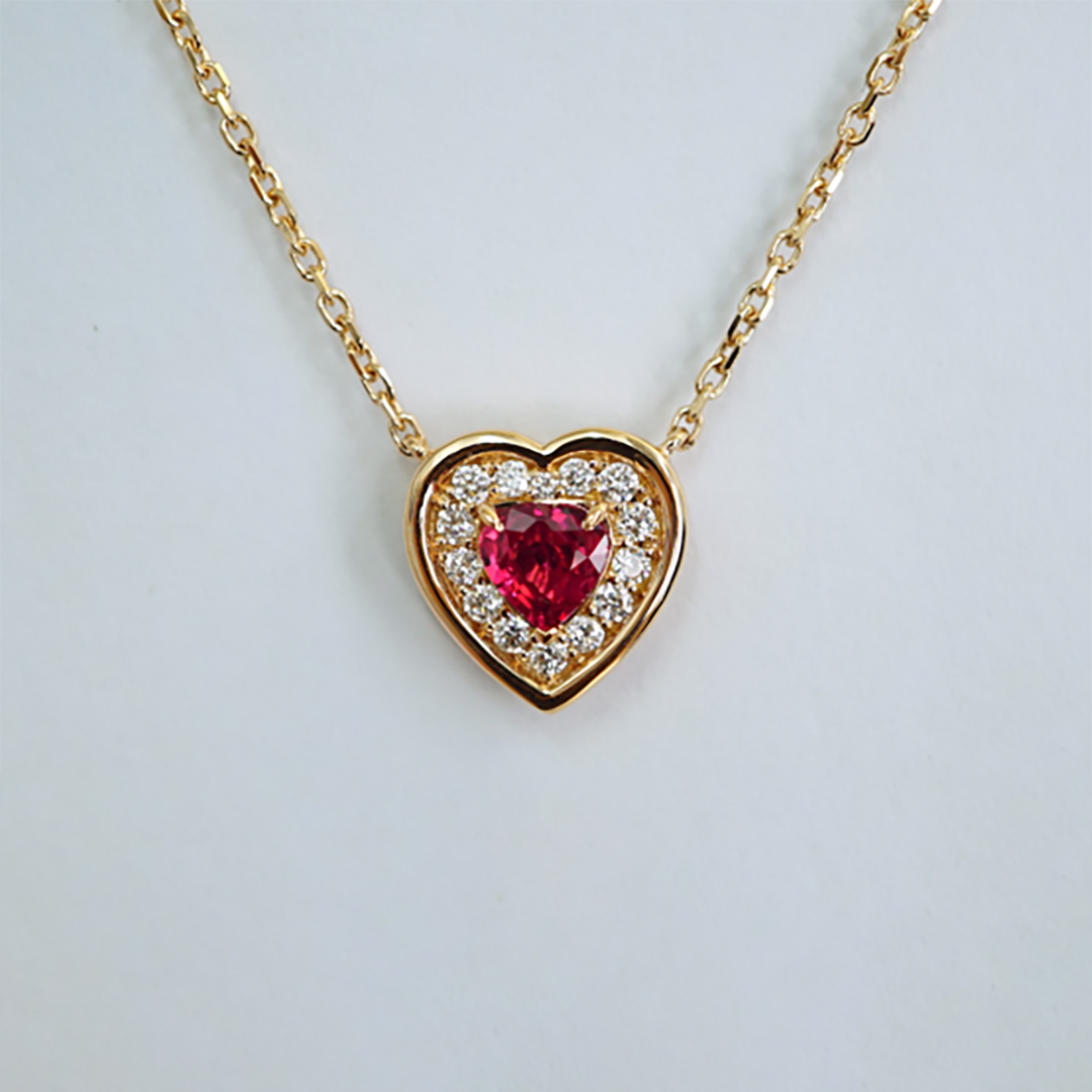 Ruby & Diamond Heart Pendant with Chain in 18K Rose Gold