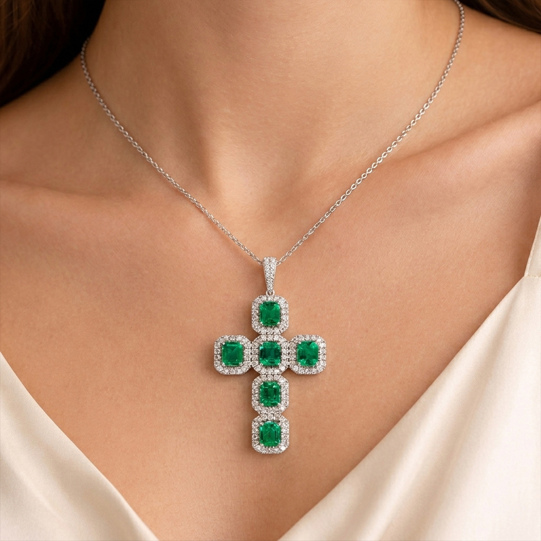 Emerald & Diamond Cross Pendant in 18K White Gold - Image 2