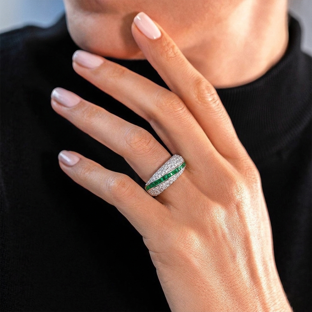 Emerald & Diamond Cocktail Ring in 18K White Gold - Image 2