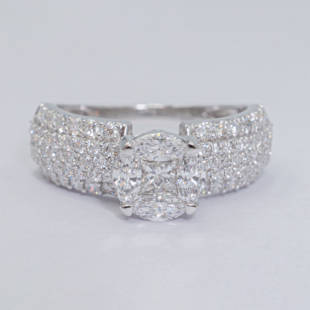 Mixed-Cut Diamond Cocktail Ring in 18K White Gold