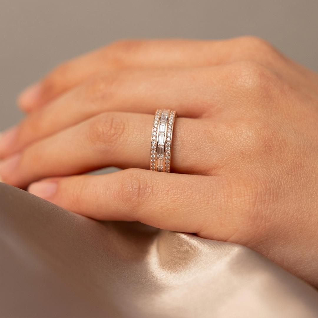 Baguette & Round Diamond Three-Row Eternity Band in 18K Rose Gold - Image 2
