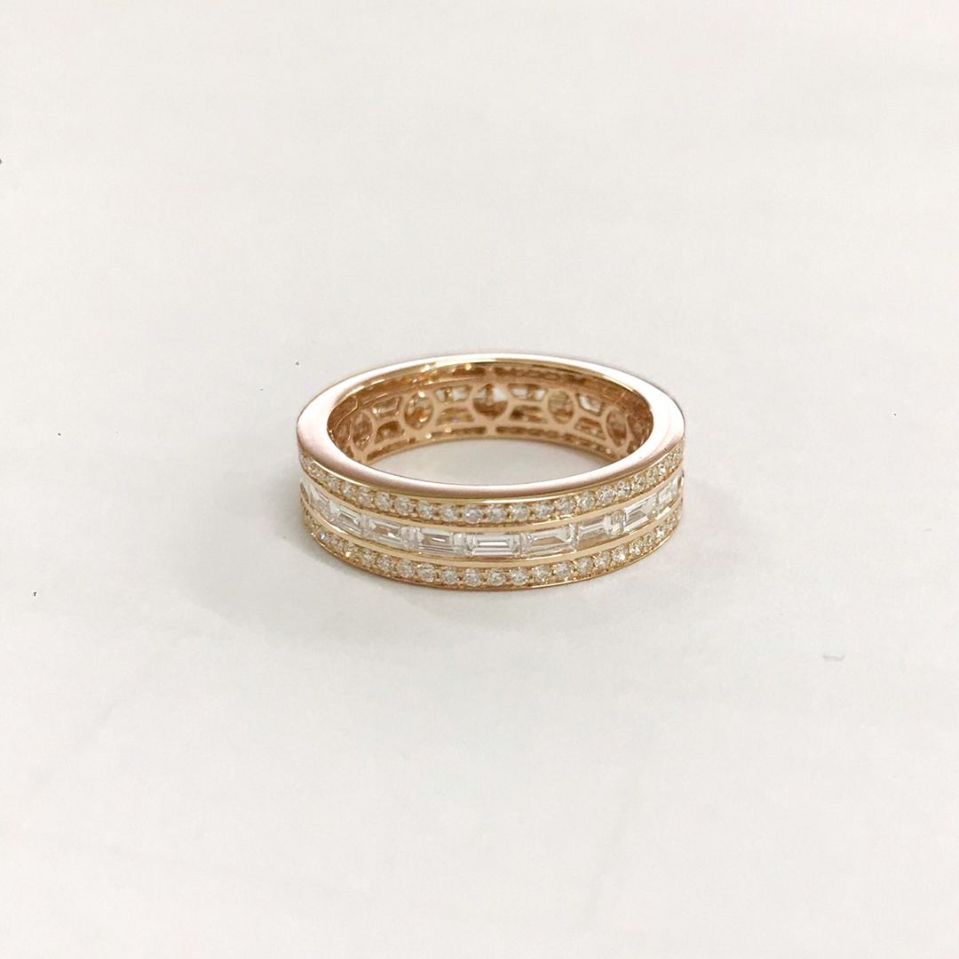 Baguette & Round Diamond Three-Row Eternity Band in 18K Rose Gold