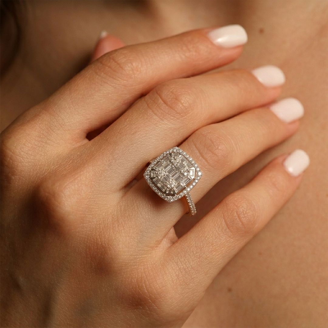 Baguette & Round Diamond Geometric Ring in 18K White Gold - Image 2