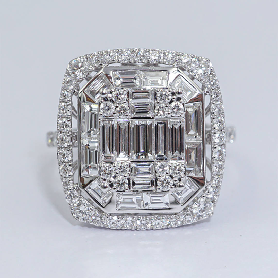 Baguette & Round Diamond Geometric Ring in 18K White Gold