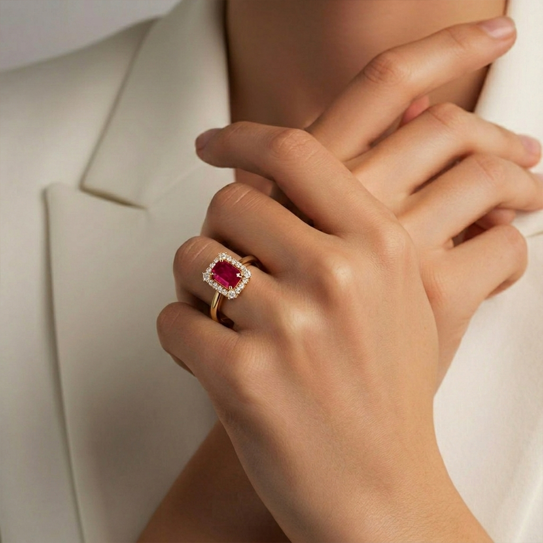 Natural Ruby & Diamond Halo Ring in 18K Rose Gold - Image 2