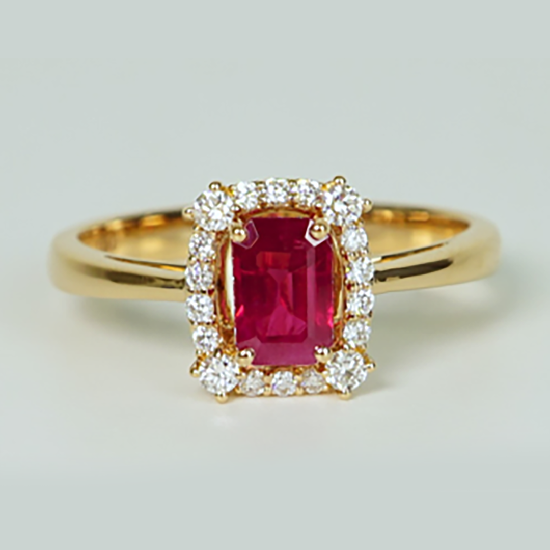 Natural Ruby & Diamond Halo Ring in 18K Rose Gold