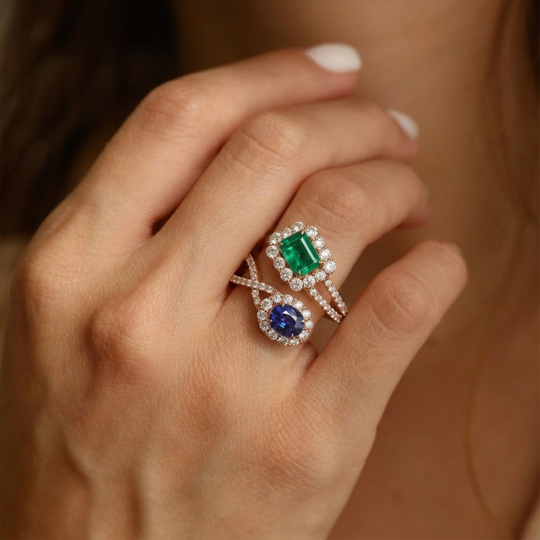 Emerald, Sapphire & Diamond Ring in 18K Rose Gold - Image 2