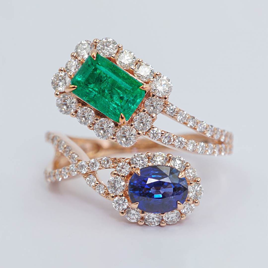 Emerald, Sapphire & Diamond Ring in 18K Rose Gold
