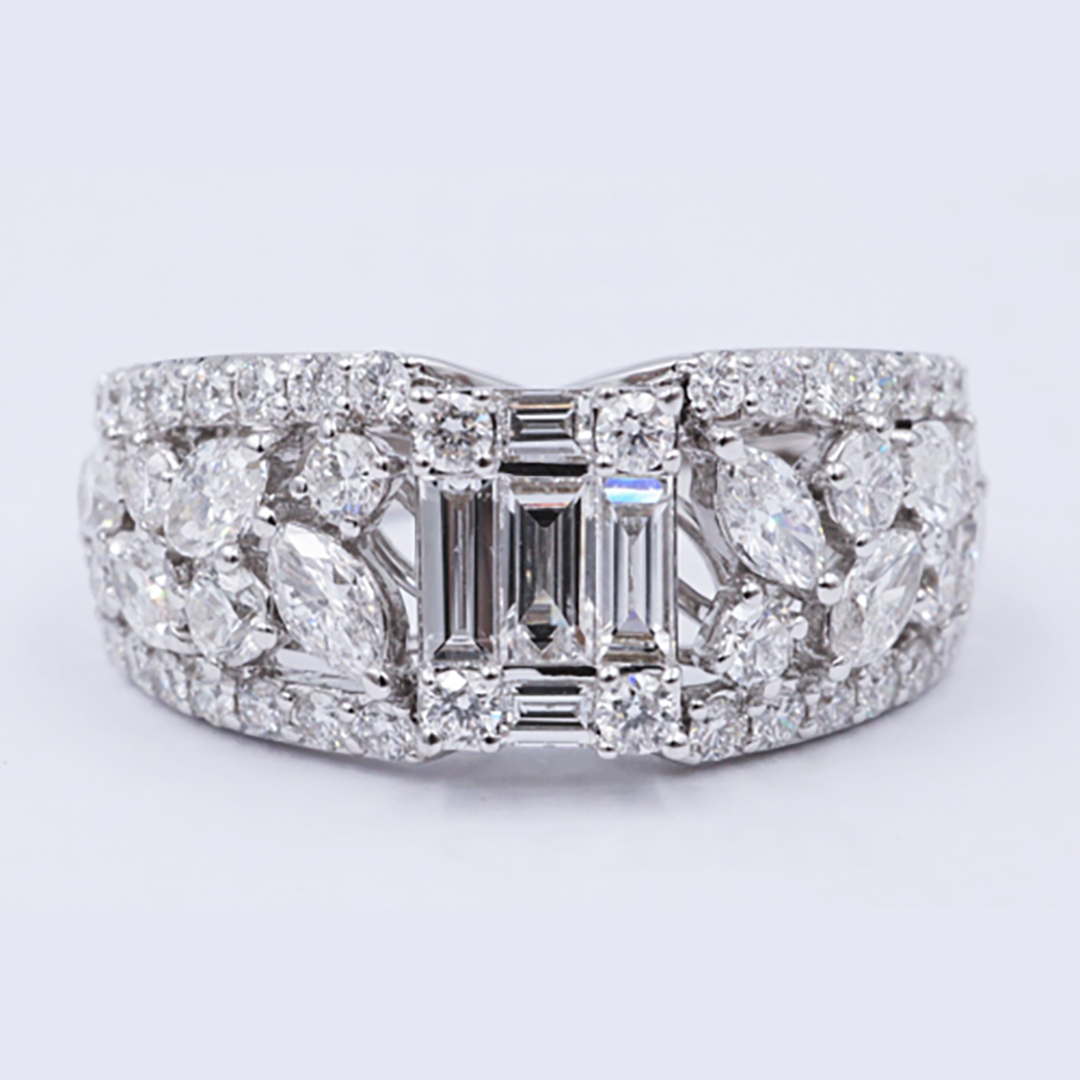 Marquise, Baguette & Round Diamond Ring in 18K White Gold