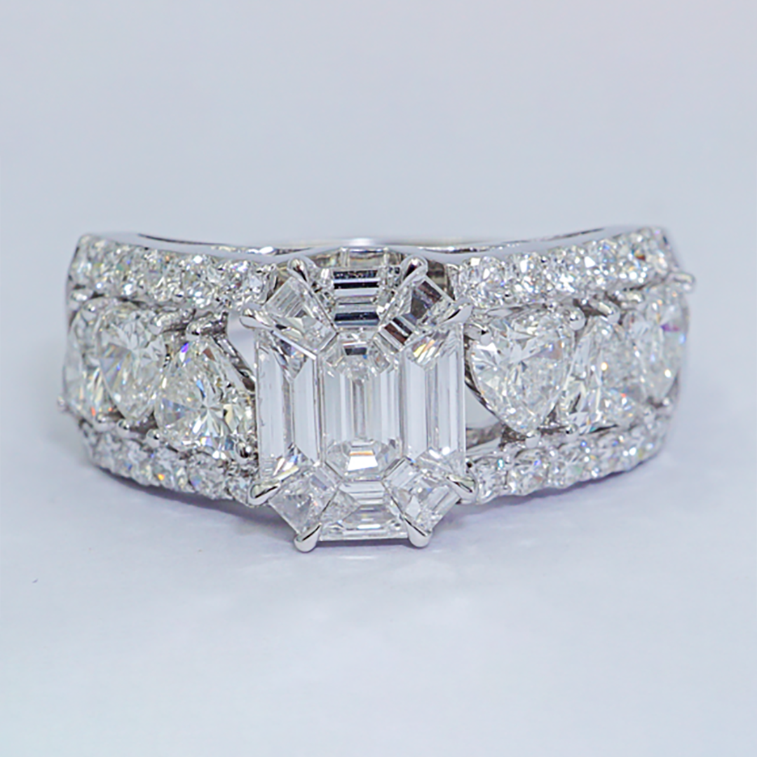 Heart Diamond & Pie-Cut Emerald Ring in 18K White Gold