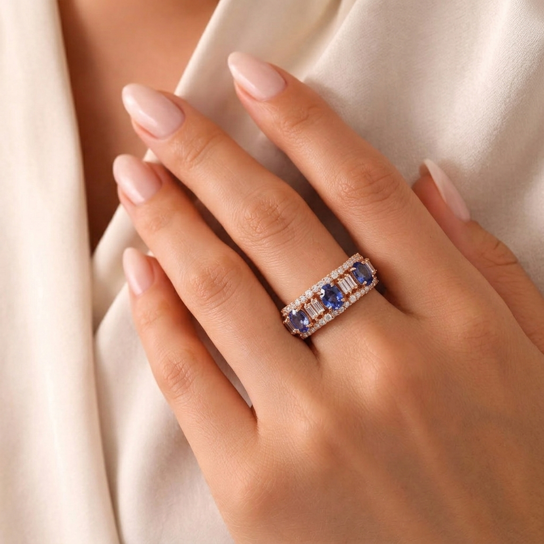 Sapphire, Baguette & Diamond Ring in 18K Rose Gold - Image 2