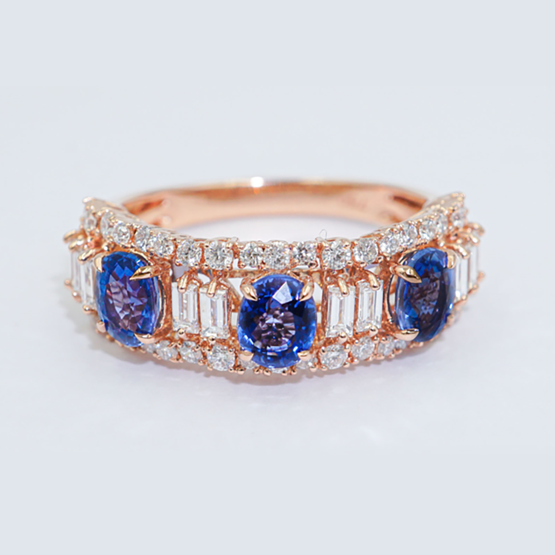Sapphire, Baguette & Diamond Ring in 18K Rose Gold