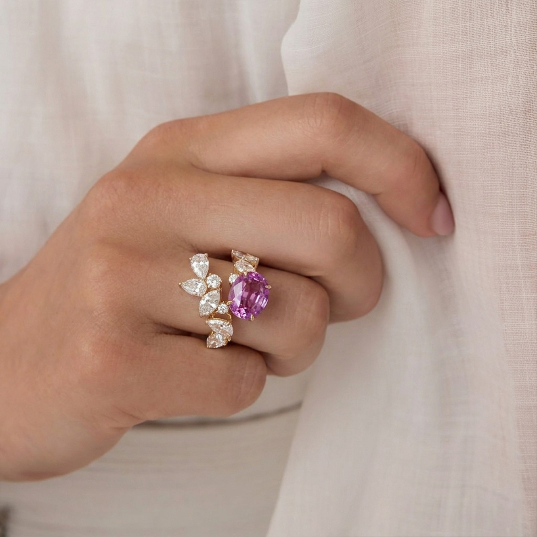 Unheated Pink Sapphire & Diamond Ring in 18K Yellow Gold - Image 2