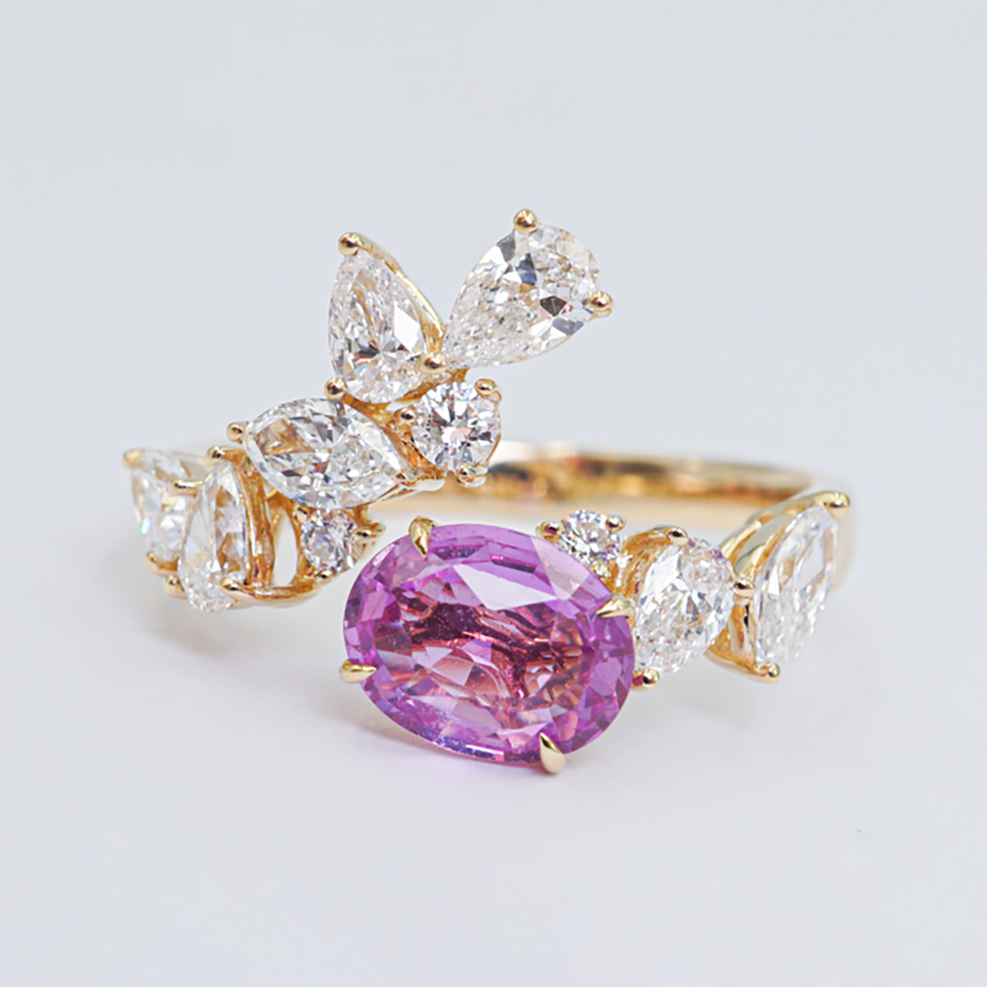Unheated Pink Sapphire & Diamond Ring in 18K Yellow Gold
