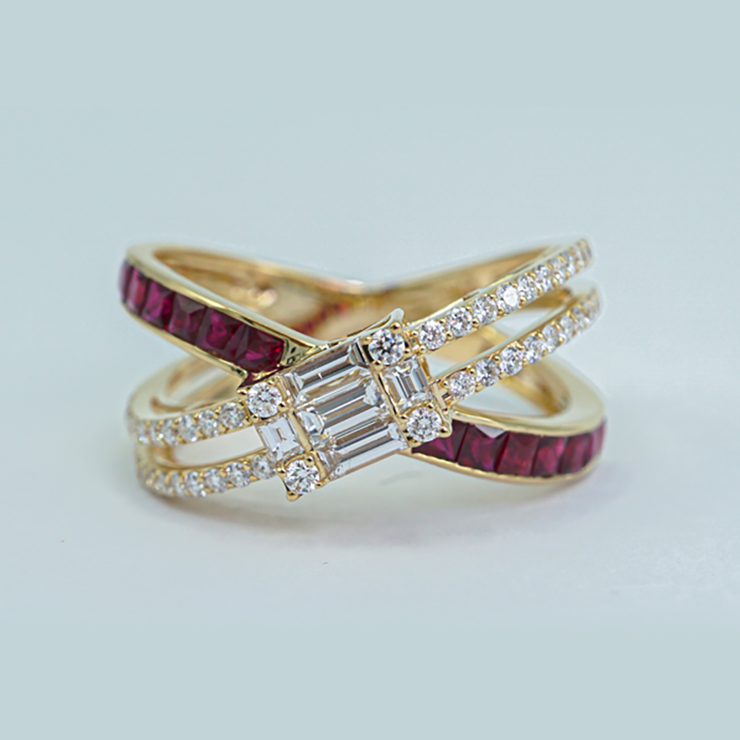 Ruby, Baguette & Round Diamond Ring in 18K Yellow Gold