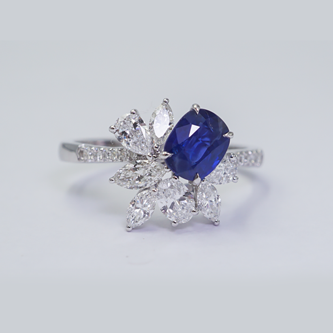 Sapphire & Diamond Floral Cocktail Ring in 18K White Gold