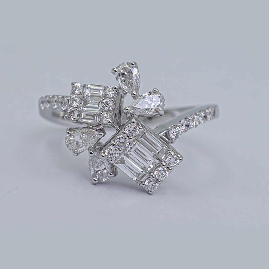 Pear, Baguette & Round Diamond Ring in 18K White Gold