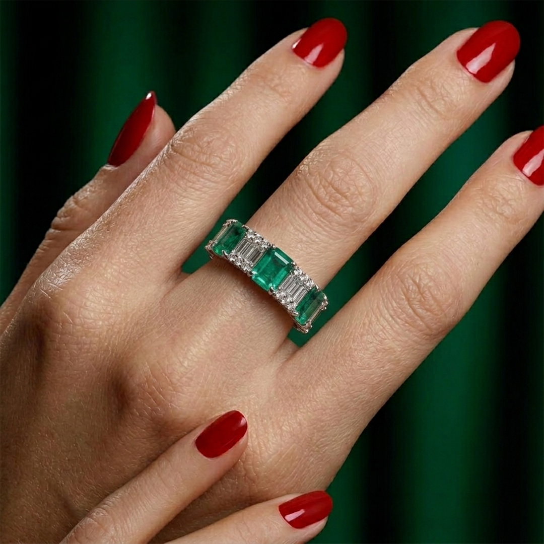 Emerald & Diamond Eternity Band in 18K White Gold - Image 2