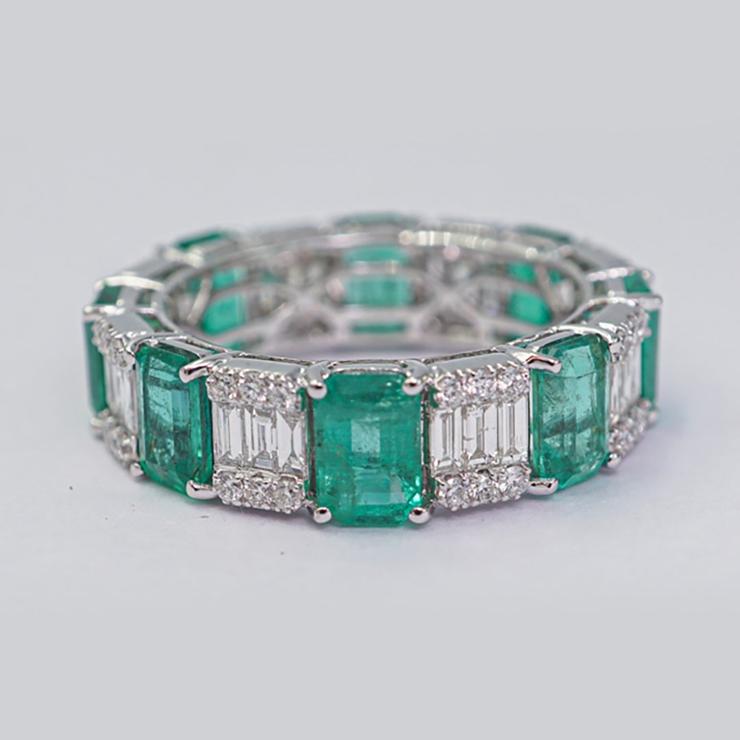 Emerald & Diamond Eternity Band in 18K White Gold