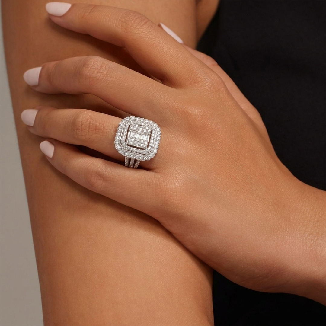 Baguette & Round Diamond Statement Ring in 18K White Gold - Image 2