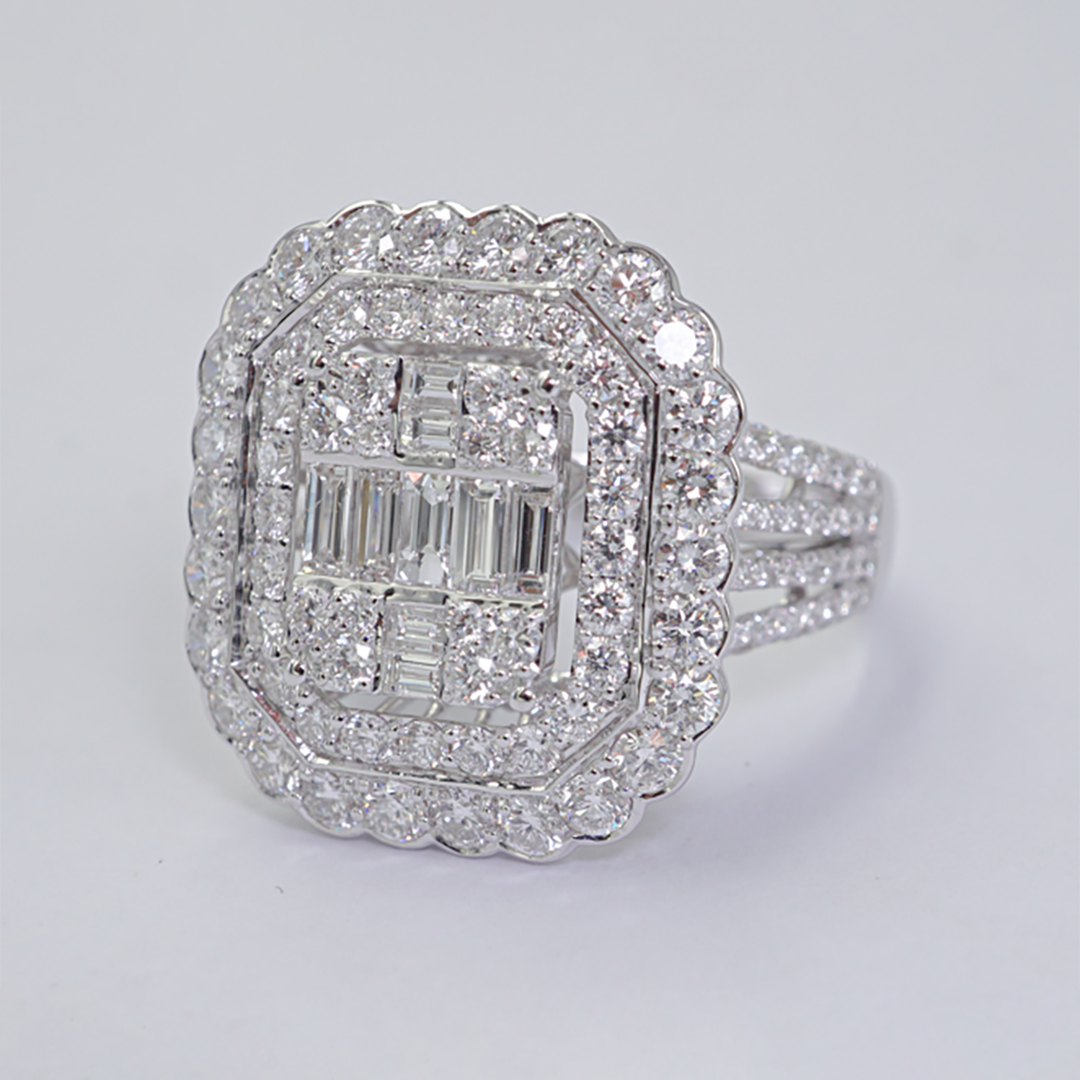 Baguette & Round Diamond Statement Ring in 18K White Gold
