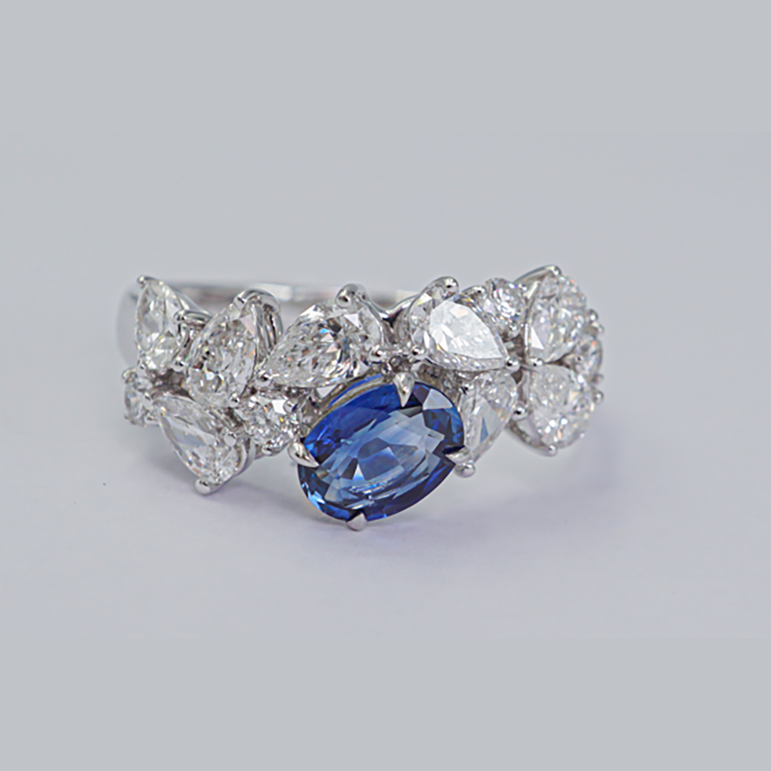 Sapphire & Pear Diamond Ring in 18K White Gold