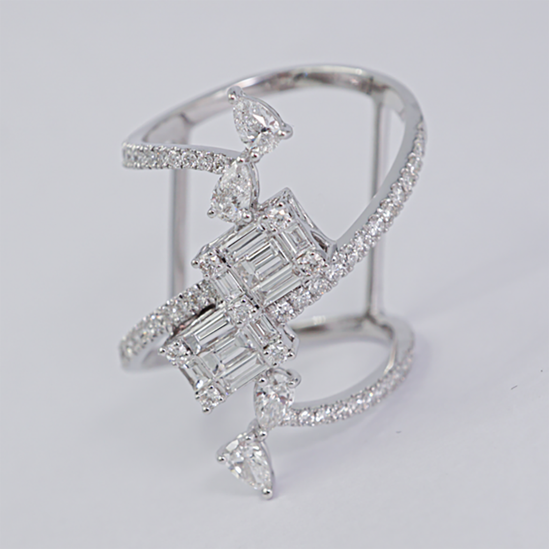 Pear, Baguette & Round Diamond Ring in 18K White Gold