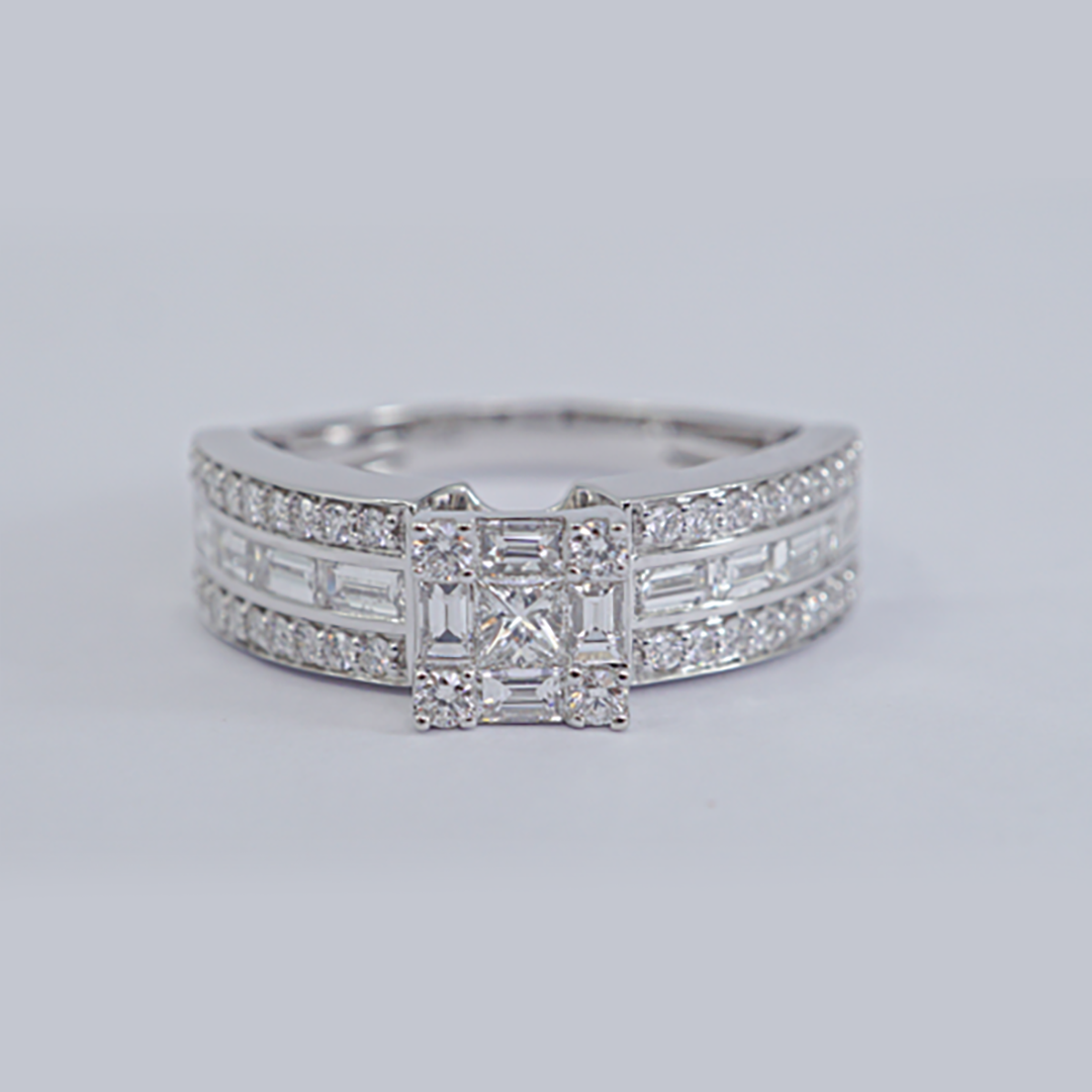 Princess & Baguette Diamond Ring in 18K White Gold