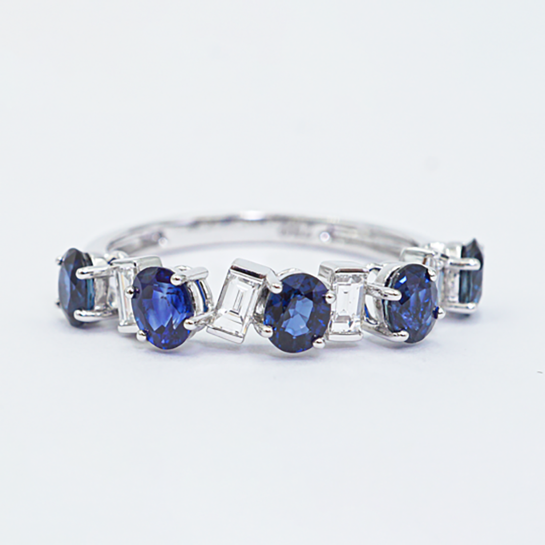Sapphire & Baguette Diamond Cluster Ring in 18K White Gold