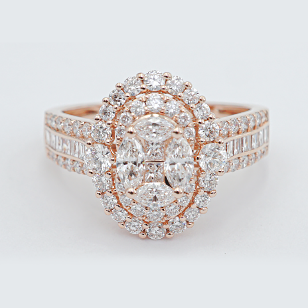 Marquise, Baguette & Round Diamond Ring in 18K Rose Gold