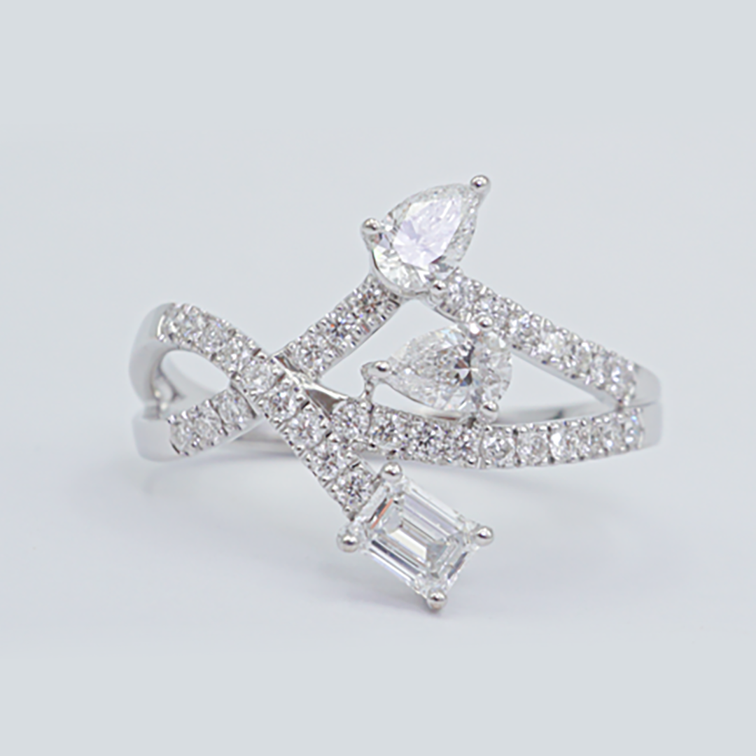 Pear & Octagonal Diamond Ring in 18K White Gold