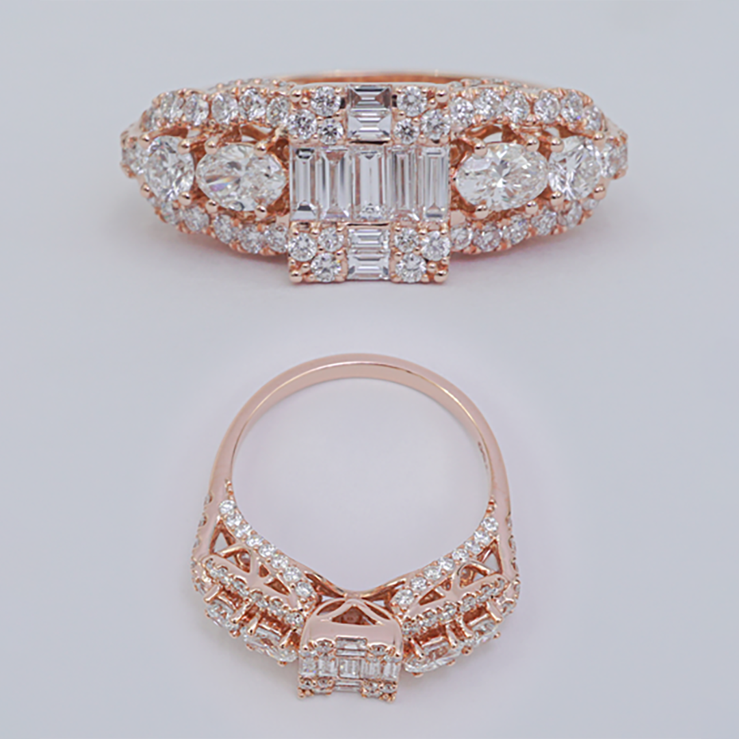 Oval, Baguette & Round Diamond Ring in 18K Rose Gold