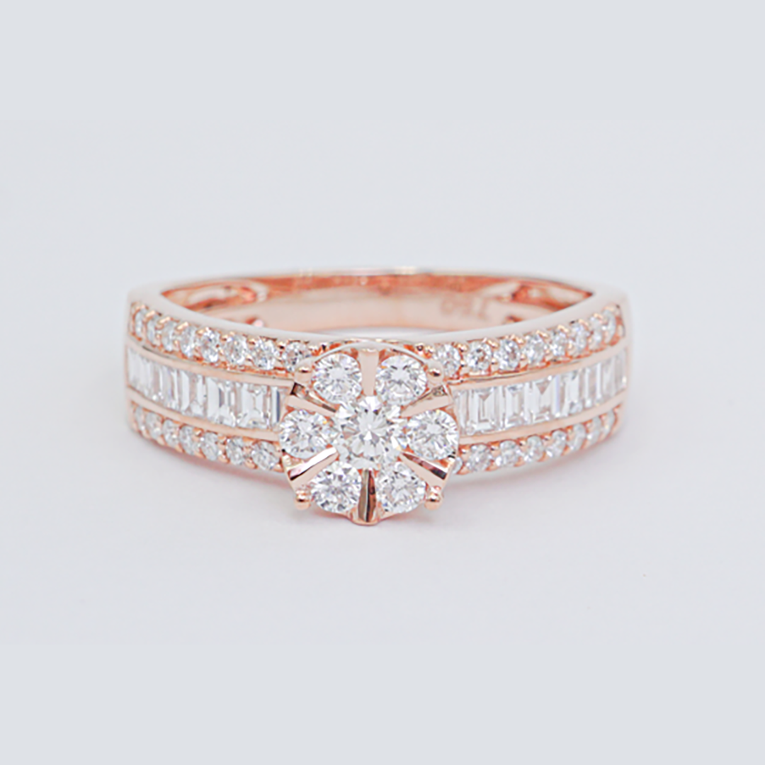 Baguette & Round Diamond Band Ring in 18K Rose Gold