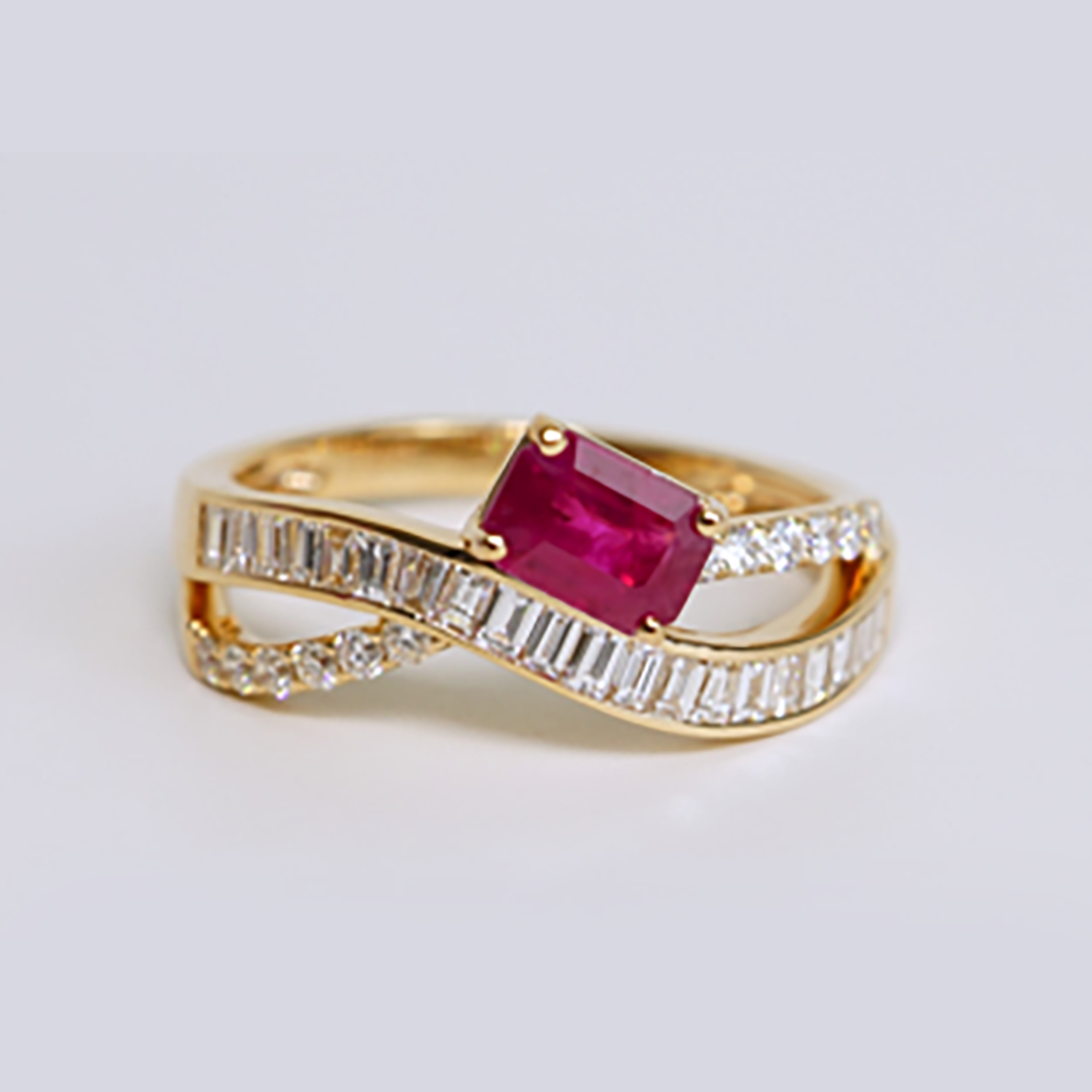Ruby, Baguette & Diamond Ring in 18K Rose Gold