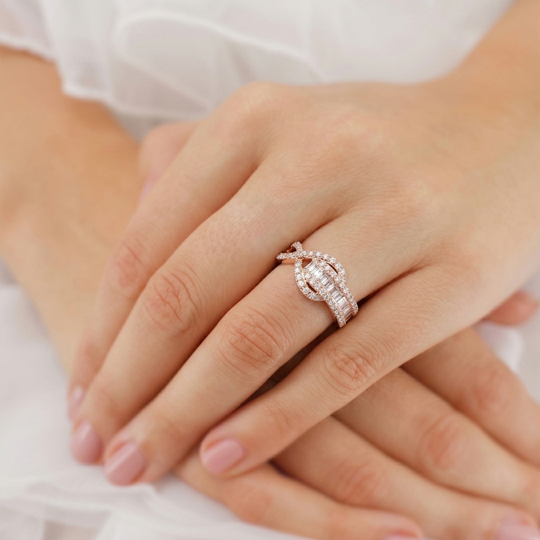 Baguette & Round Diamond Band Ring in 18K Rose Gold - Image 2
