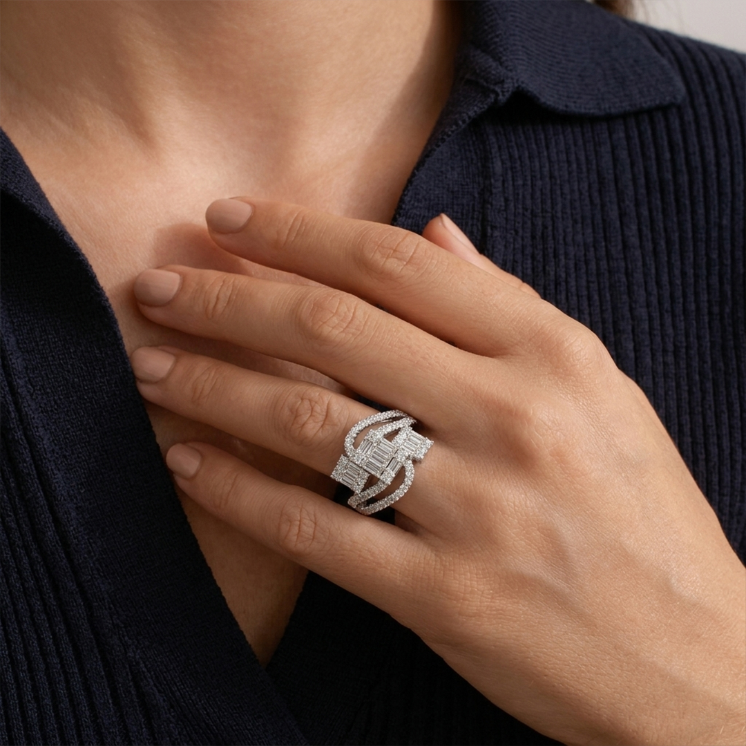 Baguette & Round Diamond Band Ring in 18K White Gold - Image 2