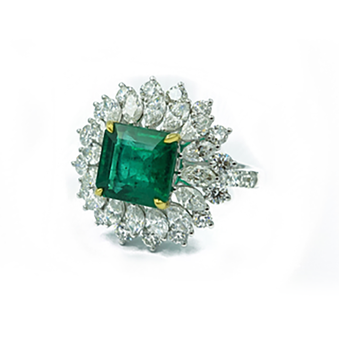 Emerald & Marquise Diamond Cocktail Ring in 18K White Gold