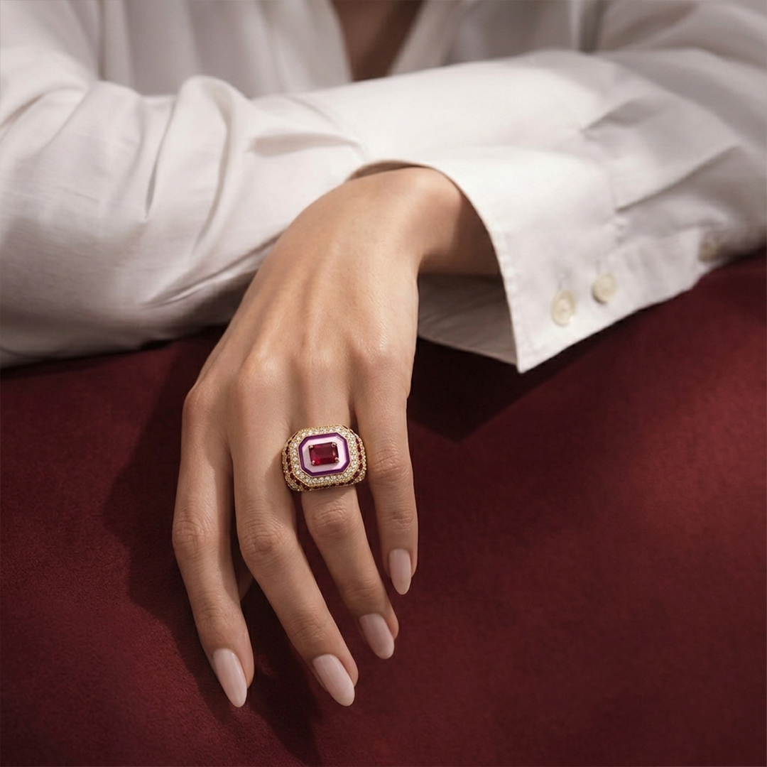 Ruby & Diamond Wide Band Ring in 18K Rose Gold - Image 2