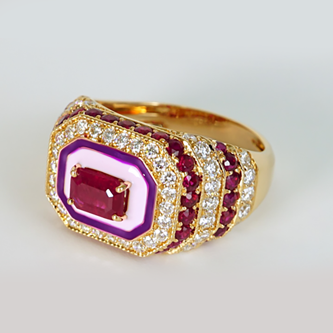 Ruby & Diamond Wide Band Ring in 18K Rose Gold