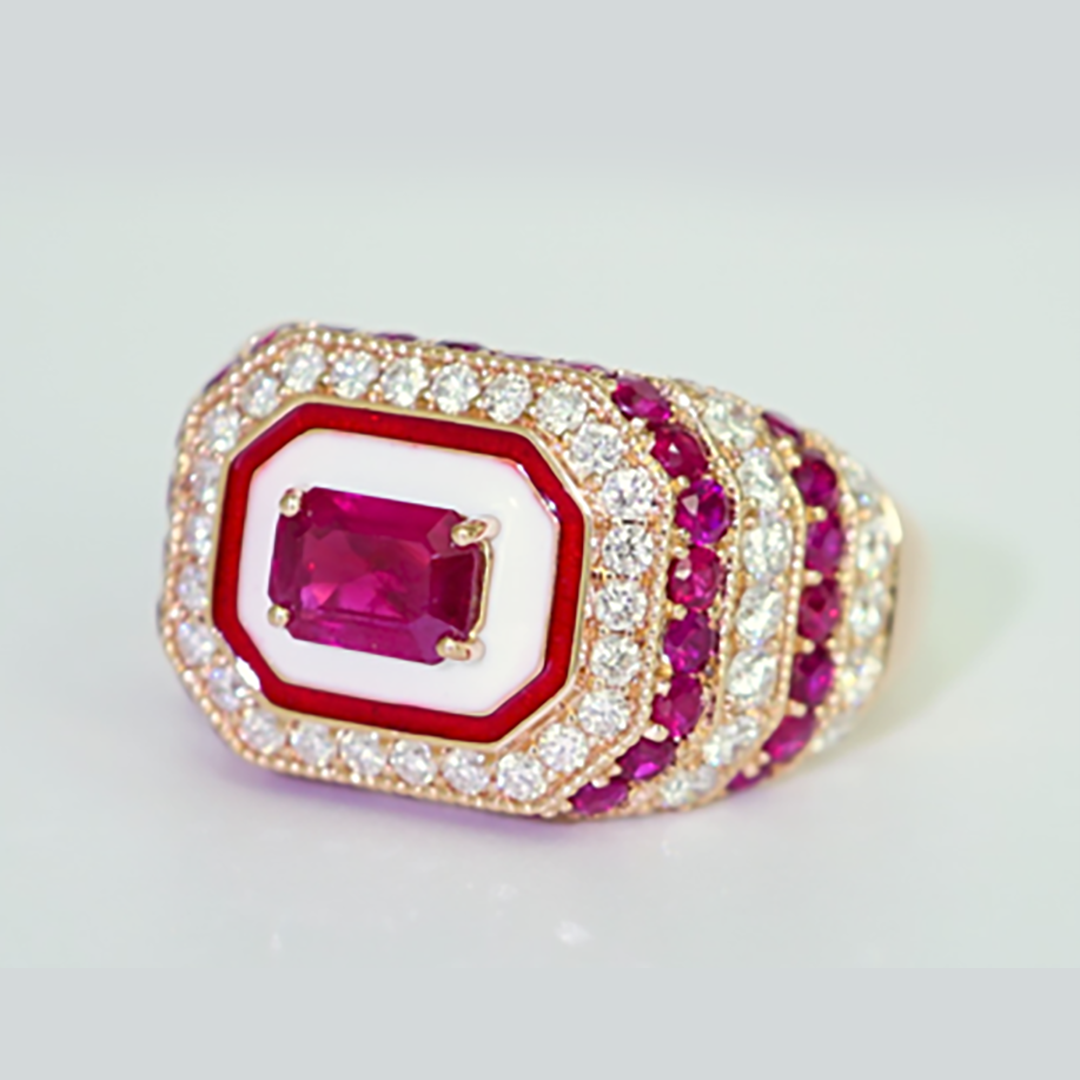 Ruby & Diamond Wide Band Ring in 18K Rose Gold