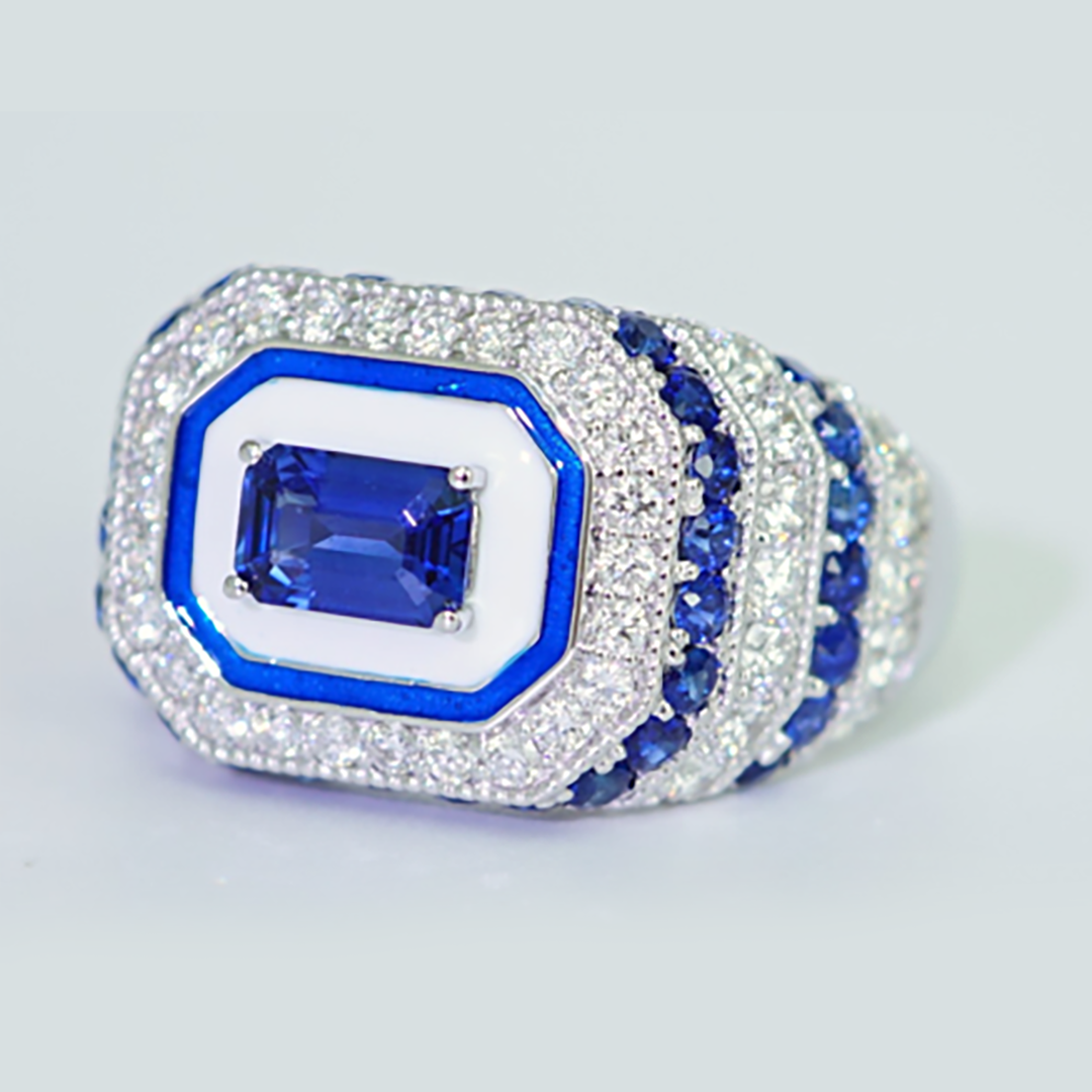 Sapphire & Diamond Wide Band Ring in 18K White Gold