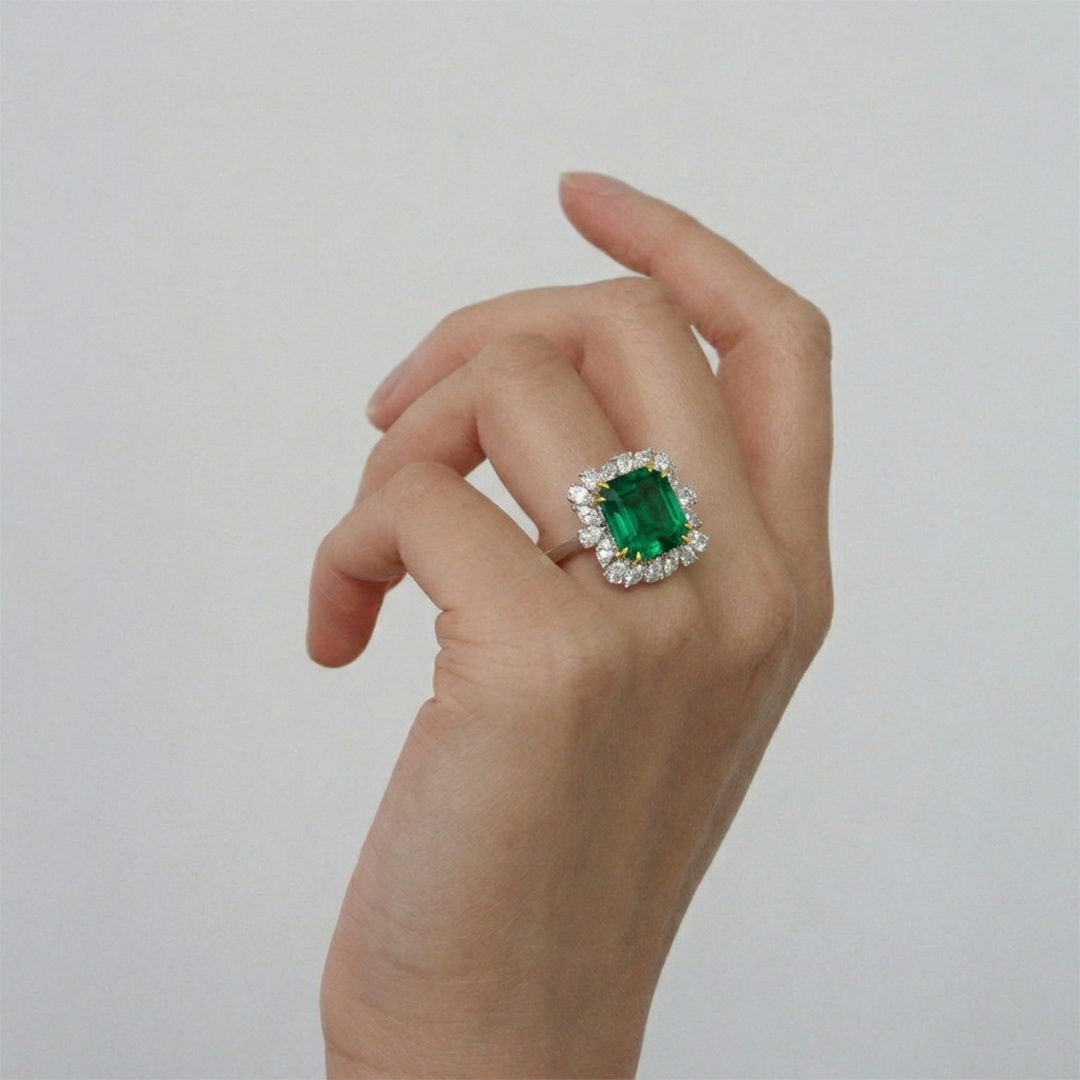 Emerald, Pear & Marquise Diamond Ring in 18K White Gold - Image 2