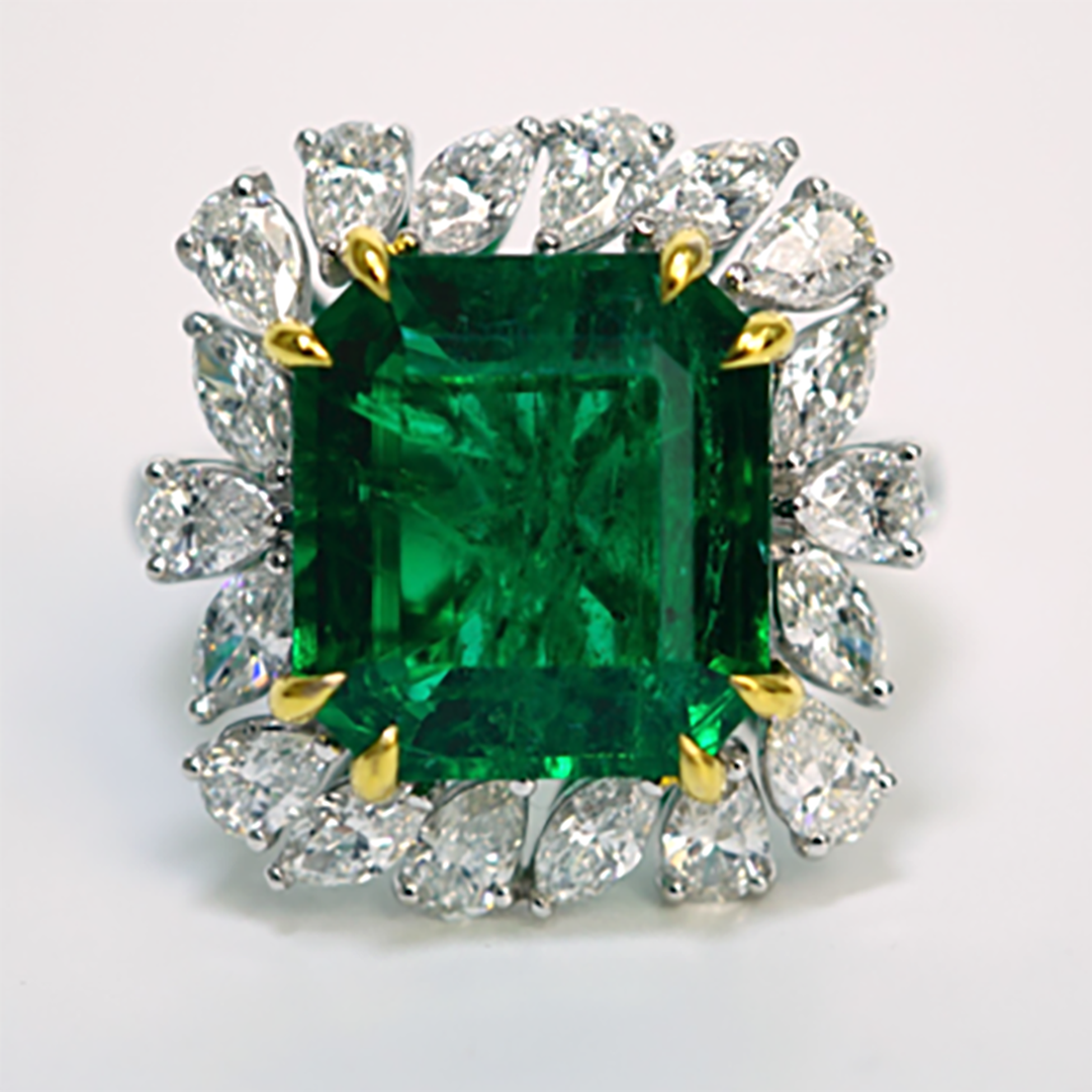 Emerald, Pear & Marquise Diamond Ring in 18K White Gold