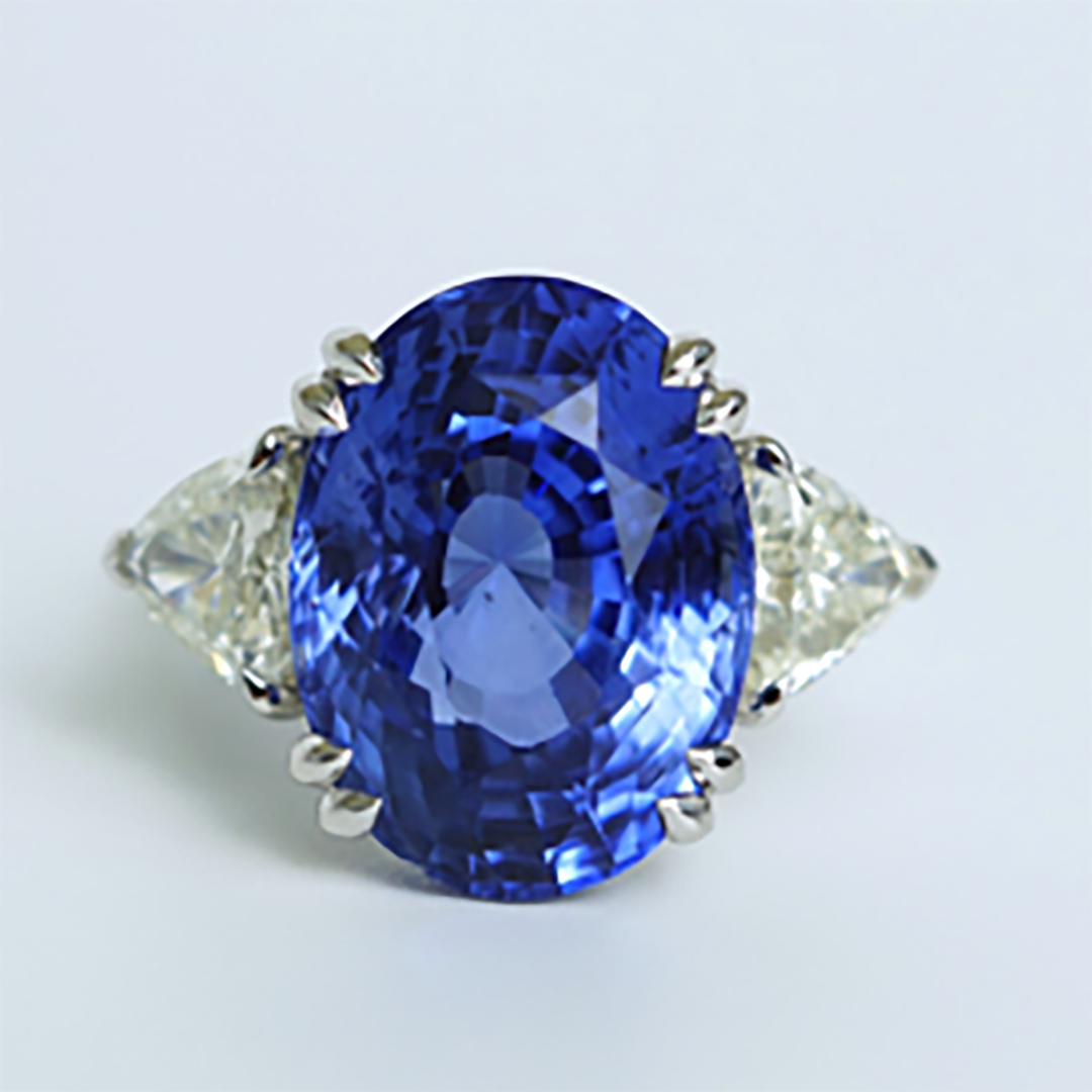 GIT-Certified Blue Sapphire & Diamond Three-Stone Ring in 18K White Gold